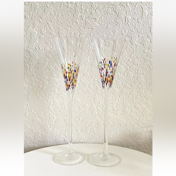 Set of 2 Confetti Art Glass Champagne Flutes Hand Blown Glass Made In Italy - Picture 2 of 6